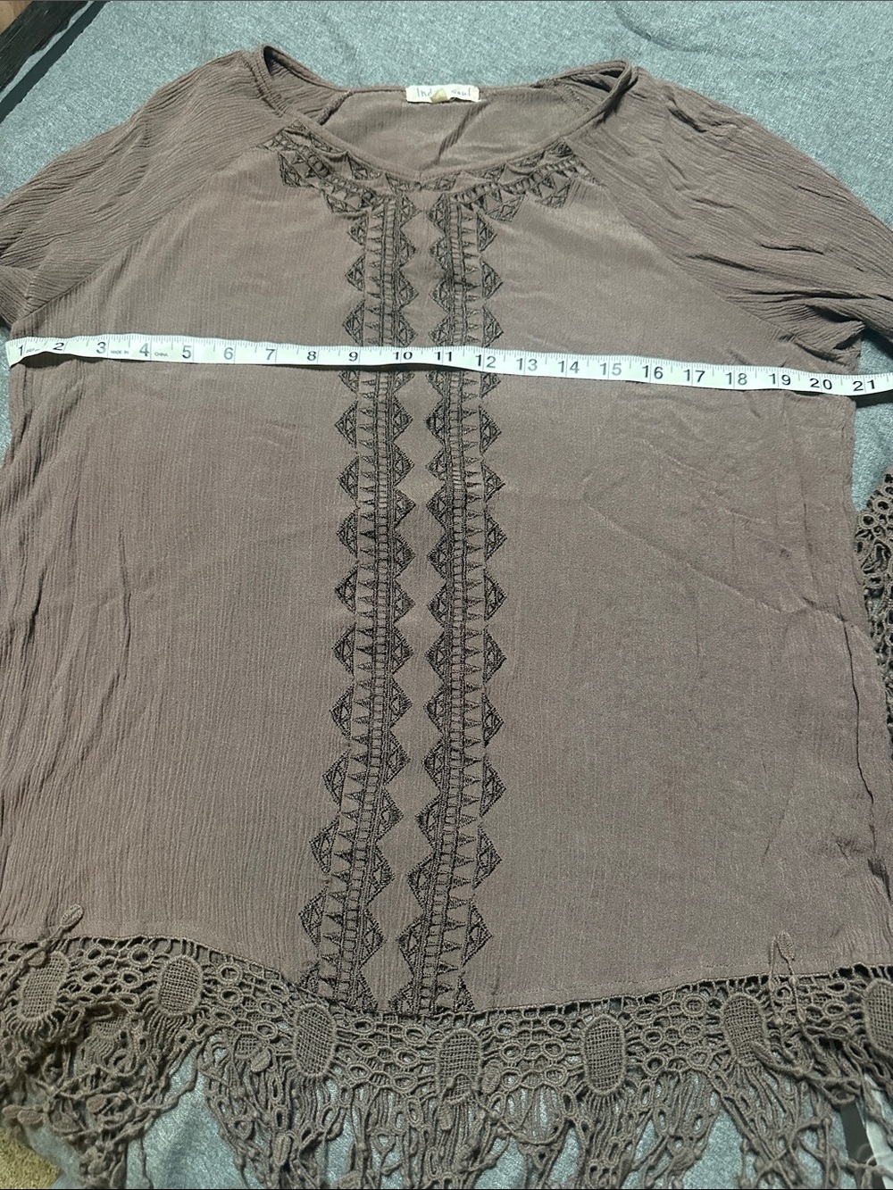 Indigo Soul Women’s Brown Crochet-Trim Fringe Top - Picture 6 of 9